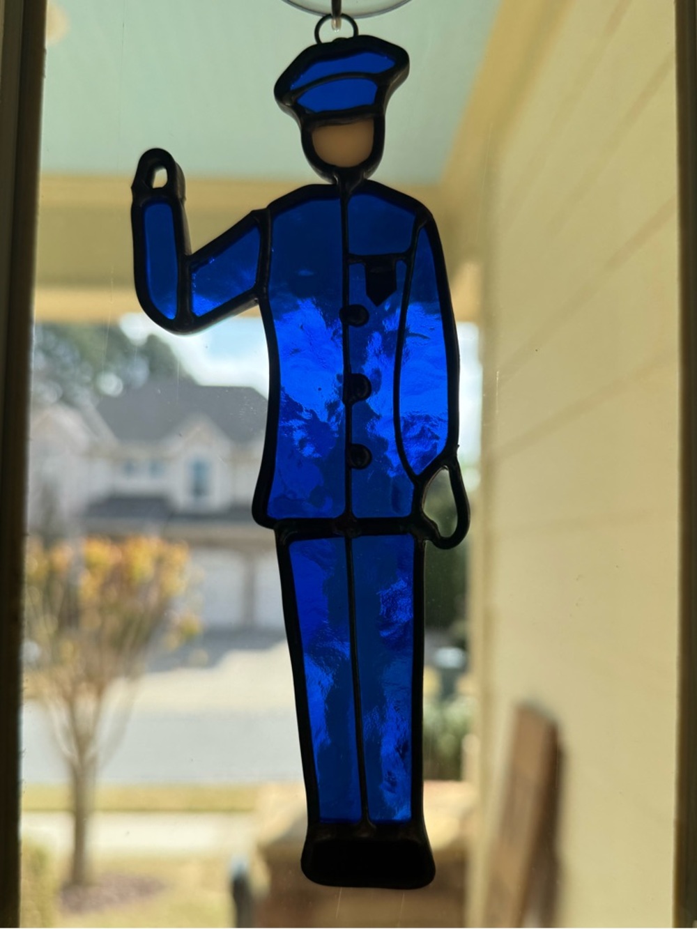 Blue Stained Glass Police Officer Suncatcher - Window Accent